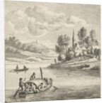 Riverview with two boats at a village by Anthonij van der Haer