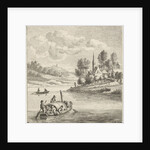 Riverview with two boats at a village by Anthonij van der Haer