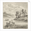 Riverview with two boats at a village by Anthonij van der Haer