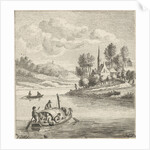 Riverview with two boats at a village by Anthonij van der Haer