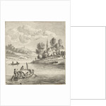 Riverview with two boats at a village by Anthonij van der Haer