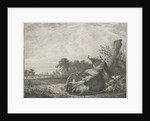 Spotted cow lying on a wooden post by Jacobus Cornelis Gaal
