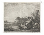 Spotted cow lying on a wooden post by Jacobus Cornelis Gaal
