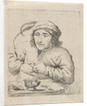 A man wearing a hat with feathers sits at a table, in front of him tobacco and a pipe by Anonymous