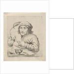 A man wearing a hat with feathers sits at a table, in front of him tobacco and a pipe by Anonymous