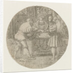 Circular performance with three men around the table with two dice by Monogrammist PVL