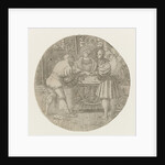 Circular performance with three men around the table with two dice by Monogrammist PVL