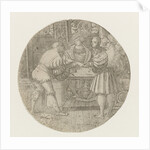 Circular performance with three men around the table with two dice by Monogrammist PVL