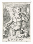 Taste Gustus, a woman with fruits by Hendrick Hondius I