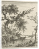 A view on a large overhanging tree and a rowing boat where two men sit by Hermanus Fock