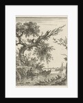 A view on a large overhanging tree and a rowing boat where two men sit by Hermanus Fock