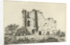 View of ruins, in the shadows are a man and a woman with a dog in the grass by Hermanus Fock