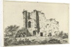 View of ruins, in the shadows are a man and a woman with a dog in the grass by Hermanus Fock
