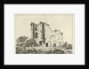 View of ruins, in the shadows are a man and a woman with a dog in the grass by Hermanus Fock