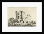 View of ruins, in the shadows are a man and a woman with a dog in the grass by Hermanus Fock