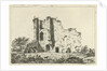 View of ruins, in the shadows are a man and a woman with a dog in the grass by Hermanus Fock