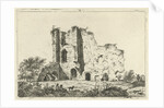 View of ruins, in the shadows are a man and a woman with a dog in the grass by Hermanus Fock