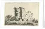 View of ruins, in the shadows are a man and a woman with a dog in the grass by Hermanus Fock