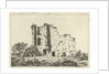 View of ruins, in the shadows are a man and a woman with a dog in the grass by Hermanus Fock
