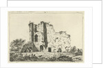 View of ruins, in the shadows are a man and a woman with a dog in the grass by Hermanus Fock