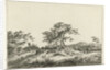 A hilly landscape with a tree in the middle party by Hermanus Fock