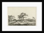 A hilly landscape with a tree in the middle party by Hermanus Fock