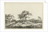 A hilly landscape with a tree in the middle party by Hermanus Fock