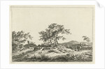 A hilly landscape with a tree in the middle party by Hermanus Fock