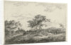 A hilly landscape with a tree in the middle party by Hermanus Fock