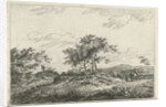 A hilly landscape with a tree in the middle party by Hermanus Fock