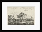A hilly landscape with a tree in the middle party by Hermanus Fock