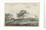 A hilly landscape with a tree in the middle party by Hermanus Fock