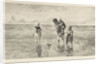 Four children playing with toy boat on the beach in shallow seawater by Jozef Israëls