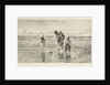 Four children playing with toy boat on the beach in shallow seawater by Jozef Israëls
