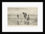 Four children playing with toy boat on the beach in shallow seawater by Jozef Israëls