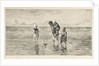 Four children playing with toy boat on the beach in shallow seawater by Jozef Israëls