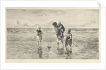 Four children playing with toy boat on the beach in shallow seawater by Jozef Israëls