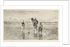 Four children playing with toy boat on the beach in shallow seawater by Jozef Israëls