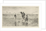 Four children playing with toy boat on the beach in shallow seawater by Jozef Israëls