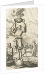 Figure stands on an orb and holds a smoking sacrifice dish in the air by Jurriaen van Poolsum