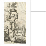 Figure stands on an orb and holds a smoking sacrifice dish in the air by Jurriaen van Poolsum