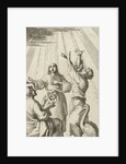 Three figures look up and are illuminated by a beam of heavenly light by Barent Bos