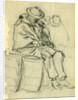 Figure wrapped in blanket sitting on a barrel and reading by Anonymous