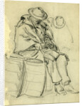 Figure wrapped in blanket sitting on a barrel and reading by Anonymous