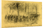 The rebels covered by a ledge of rock repulsing the troops on the right- in the woods beyond the Duncker ch. Antietam, 1862 September 17 by Alfred R Waud