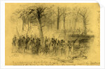 The rebels covered by a ledge of rock repulsing the troops on the right- in the woods beyond the Duncker ch. Antietam, 1862 September 17 by Alfred R Waud