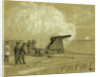 Scene on the dock at the Rip Raps. Testing the Sawyer gun and projectile, a shell bursting on the rebel batteries at Sewells Point, 1861 by Alfred R Waud