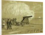 Scene on the dock at the Rip Raps. Testing the Sawyer gun and projectile, a shell bursting on the rebel batteries at Sewells Point, 1861 by Alfred R Waud