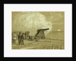 Scene on the dock at the Rip Raps. Testing the Sawyer gun and projectile, a shell bursting on the rebel batteries at Sewells Point, 1861 by Alfred R Waud