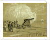 Scene on the dock at the Rip Raps. Testing the Sawyer gun and projectile, a shell bursting on the rebel batteries at Sewells Point, 1861 by Alfred R Waud